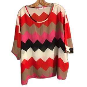Allegra K Blouse Women's Medium Sheer Tan Red White Pink Black  Zig Zag Print